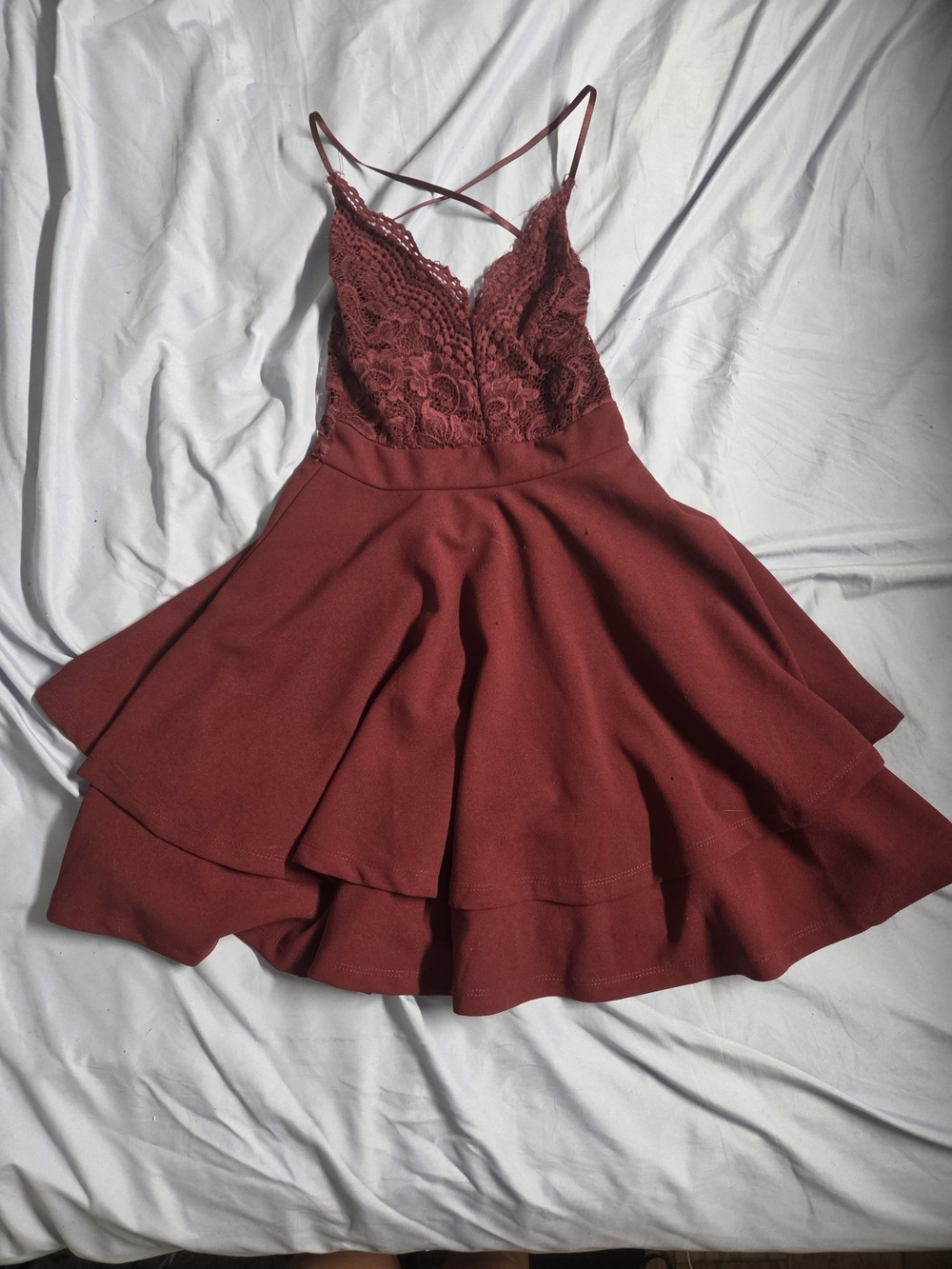 Rue21 Lace Bodice Tiered Skater Dress in Burgundy